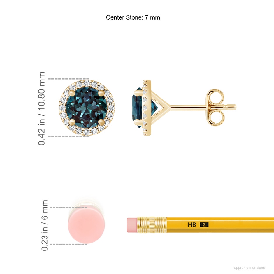 7mm Labgrown Classic Lab-Grown Alexandrite and Diamond Halo Stud Earrings in Yellow Gold ruler