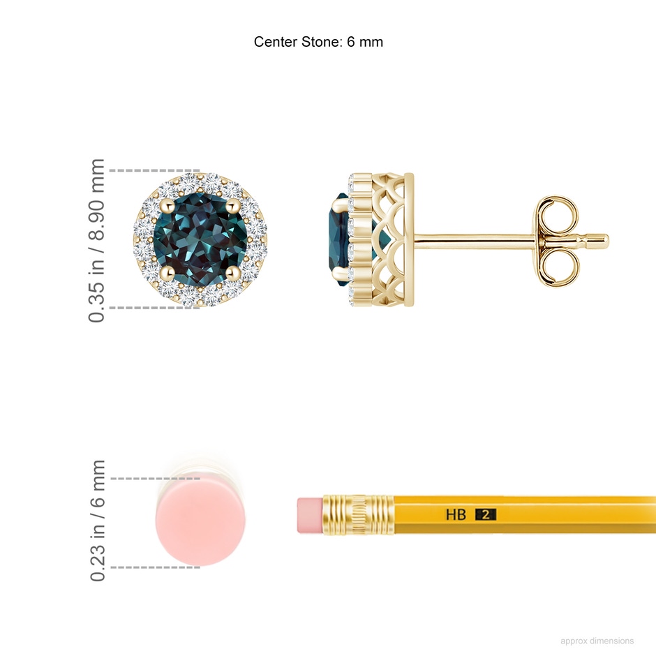 6mm Labgrown Round Lab-Grown Alexandrite and Diamond Halo Stud Earrings in 18K Yellow Gold ruler