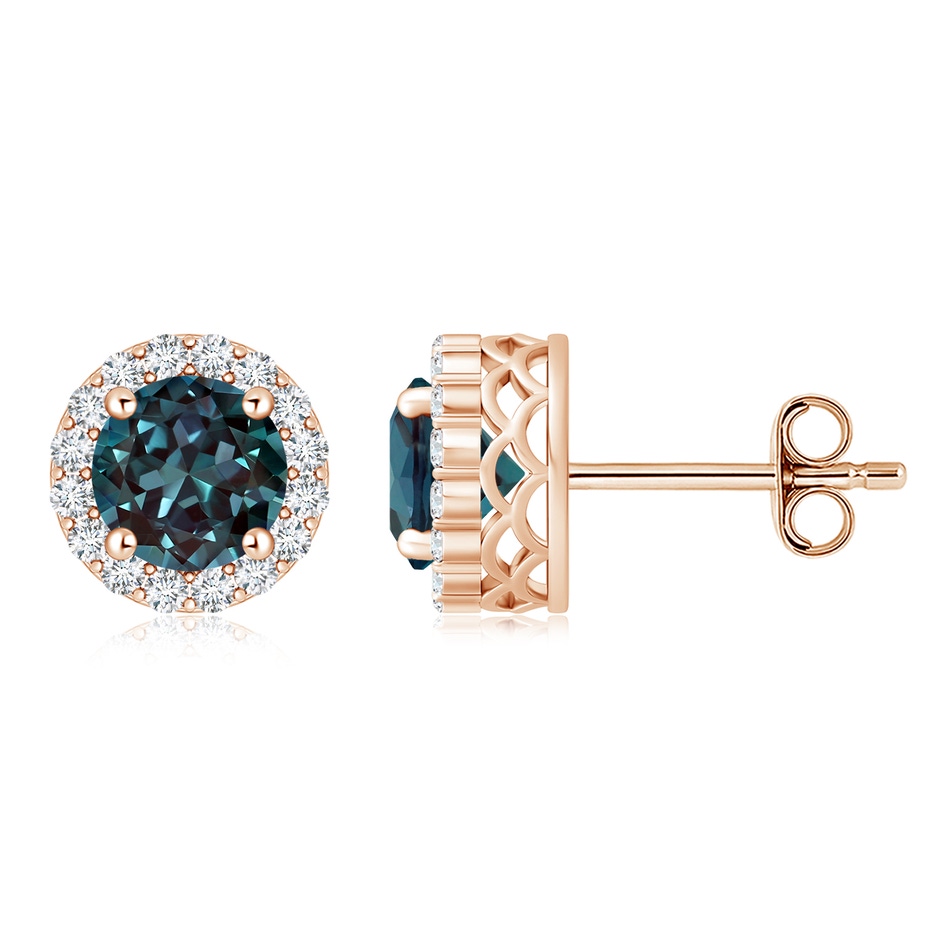 8mm Labgrown Round Lab-Grown Alexandrite and Diamond Halo Stud Earrings in Rose Gold 