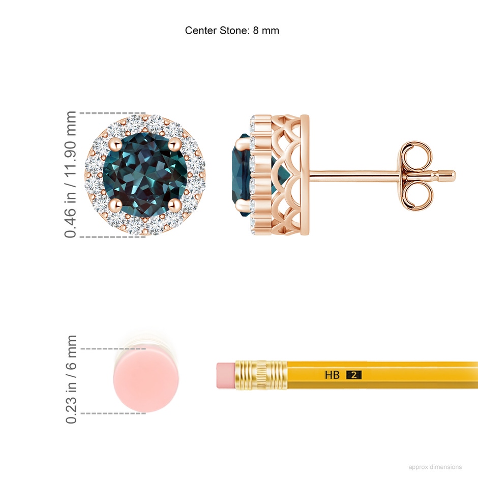 8mm Labgrown Round Lab-Grown Alexandrite and Diamond Halo Stud Earrings in Rose Gold ruler