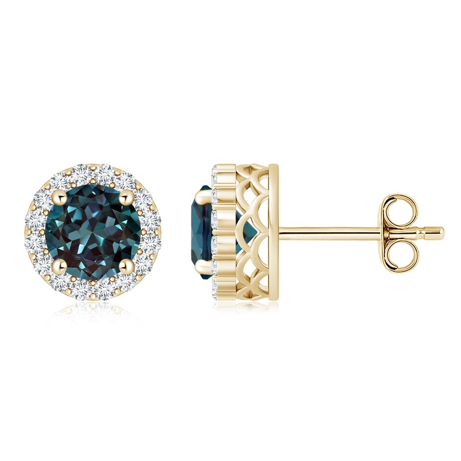 8mm Labgrown Round Lab-Grown Alexandrite and Diamond Halo Stud Earrings in Yellow Gold 
