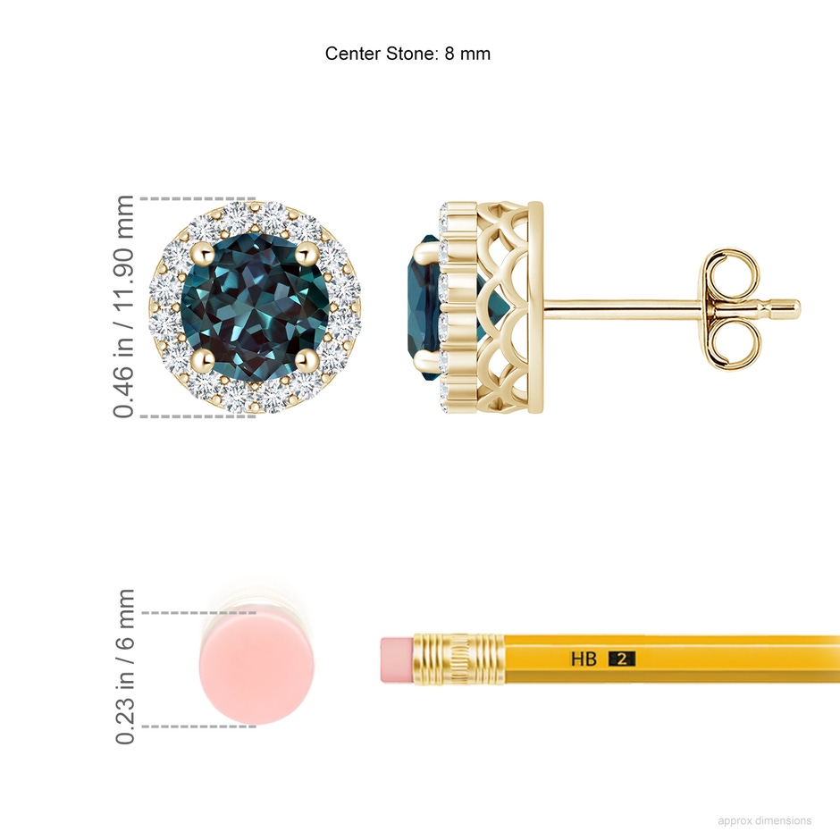 8mm Labgrown Round Lab-Grown Alexandrite and Diamond Halo Stud Earrings in Yellow Gold ruler