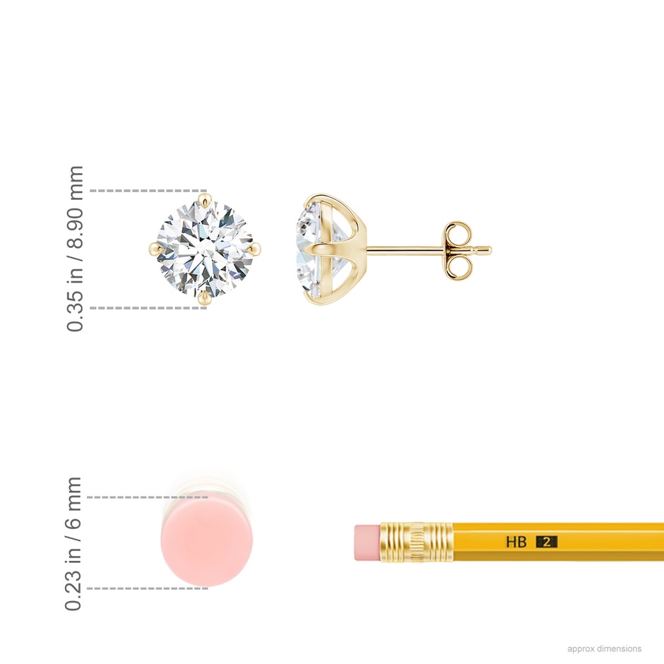 7.4mm FGVS Claw-Set Round Lab-Grown Diamond Solitaire Stud Earrings in Yellow Gold ruler