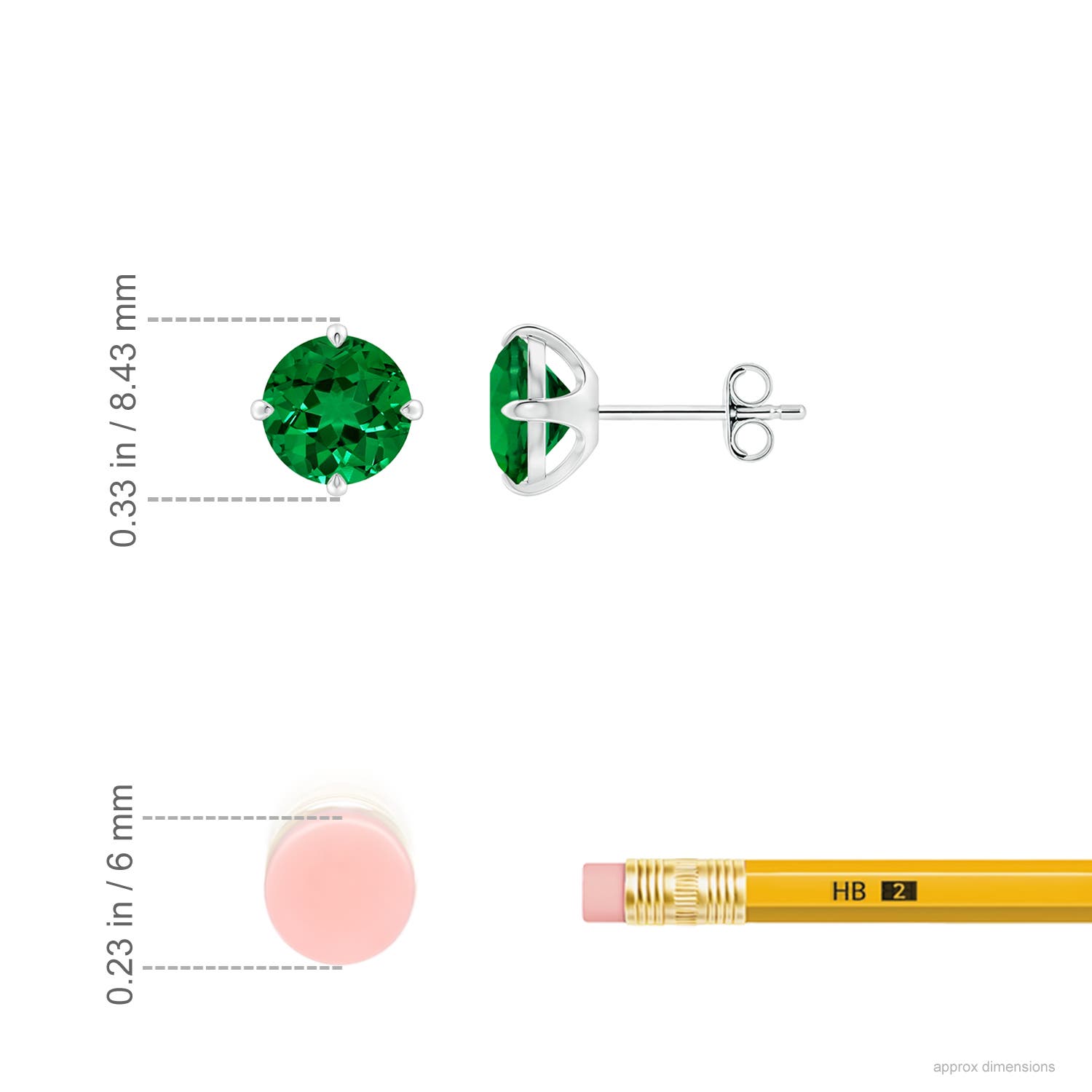 7mm Labgrown Claw-Set Round Lab-Grown Emerald Solitaire Stud Earrings in White Gold - ruler