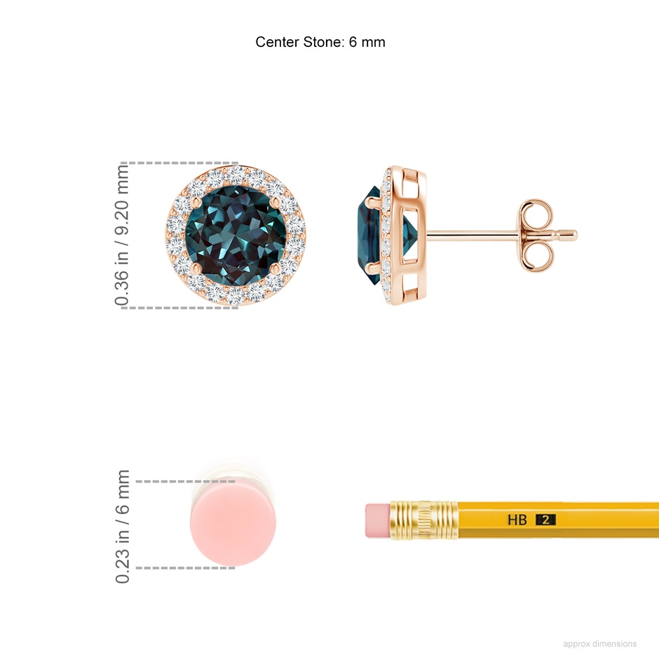 6mm Labgrown Vintage-Inspired Round Lab-Grown Alexandrite Halo Stud Earrings in Rose Gold ruler