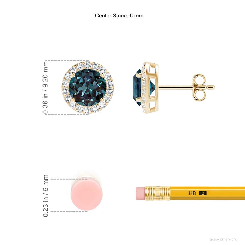 6mm Labgrown Vintage-Inspired Round Lab-Grown Alexandrite Halo Stud Earrings in Yellow Gold ruler