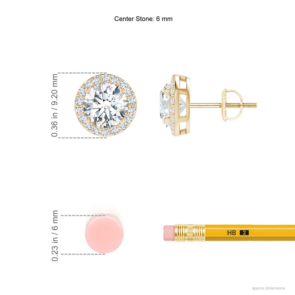 6mm FGVS Lab-Grown Vintage-Inspired Round Diamond Halo Stud Earrings in Yellow Gold ruler