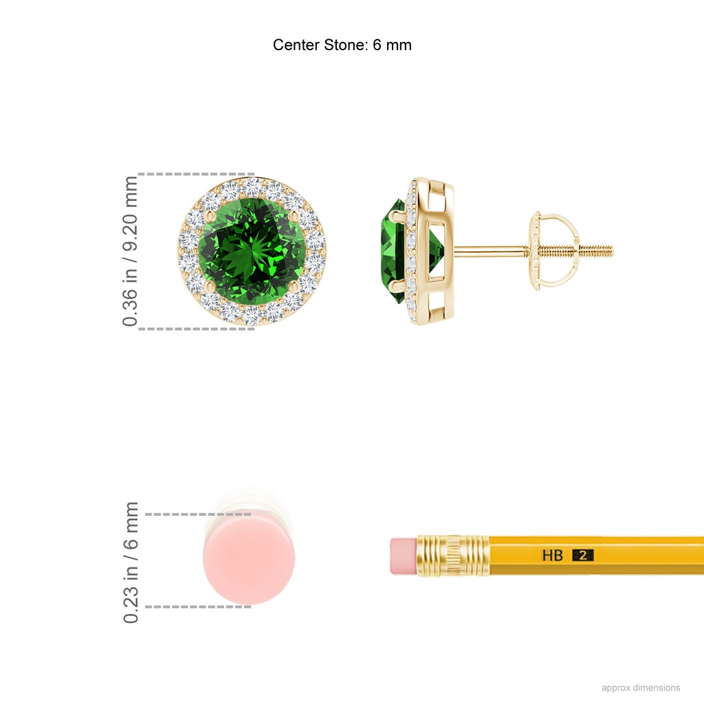 6mm Labgrown Lab-Grown Vintage-Inspired Round Emerald Halo Stud Earrings in 9K Yellow Gold ruler