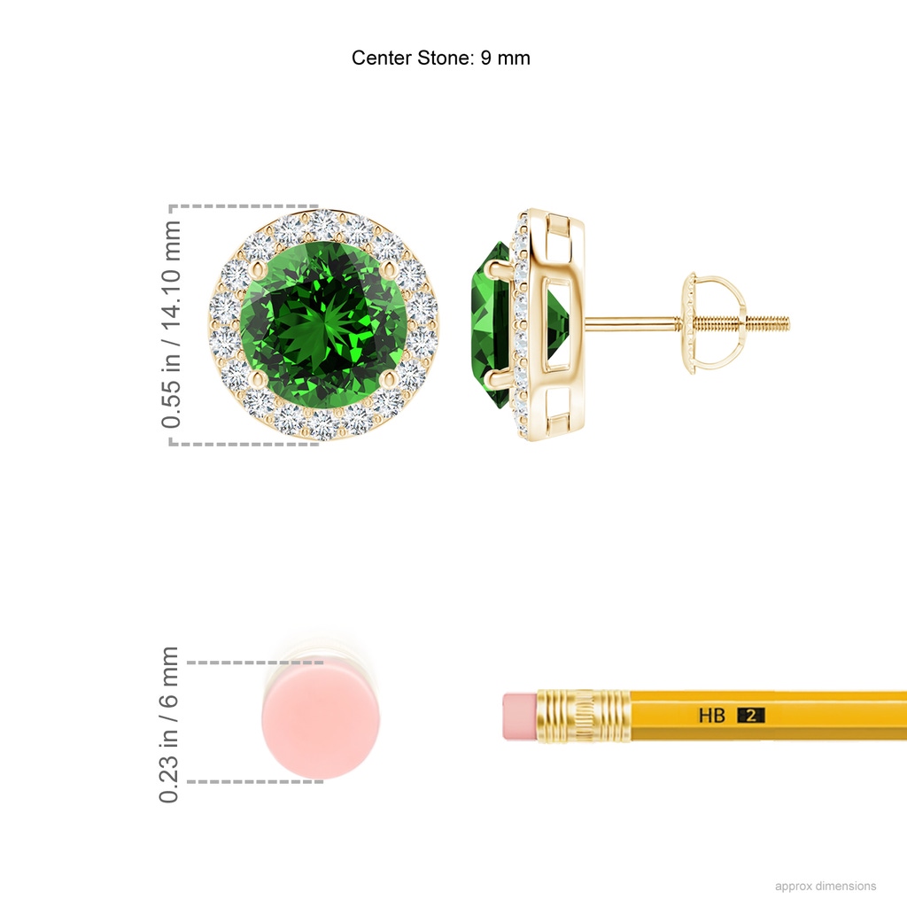 9mm Labgrown Lab-Grown Vintage-Inspired Round Emerald Halo Stud Earrings in 9K Yellow Gold ruler