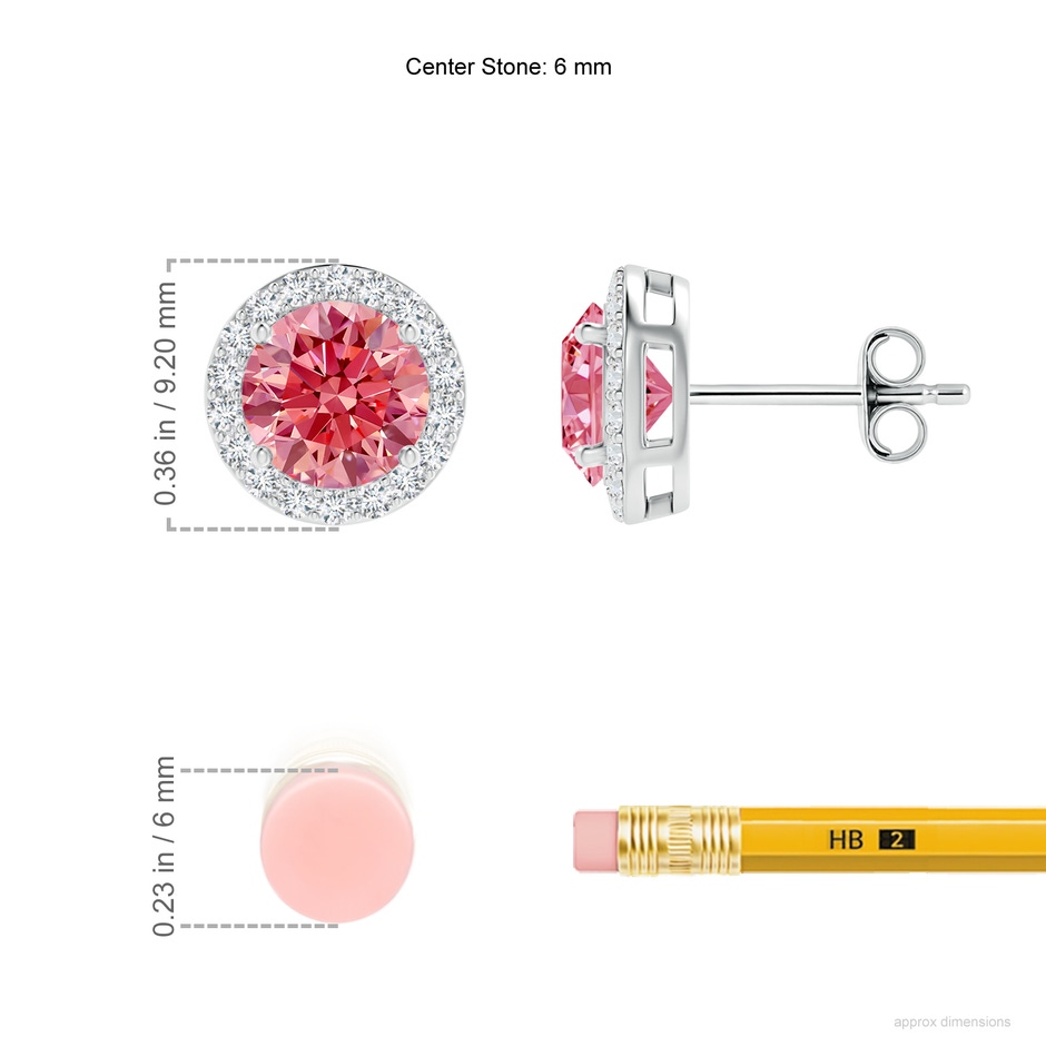 6mm Labgrown Vintage-Inspired Round Lab-Grown Fancy Intense Pink Diamond Halo Stud Earrings in White Gold ruler