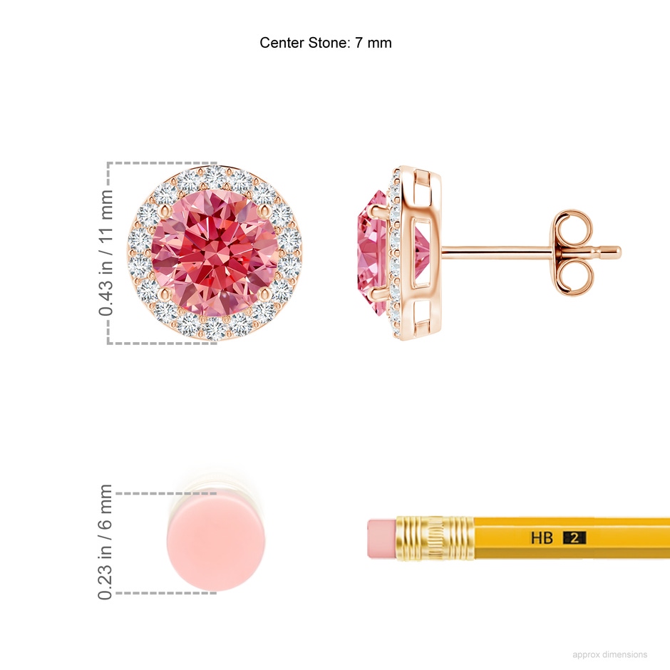 7mm Labgrown Vintage-Inspired Round Lab-Grown Fancy Intense Pink Diamond Halo Stud Earrings in Rose Gold ruler