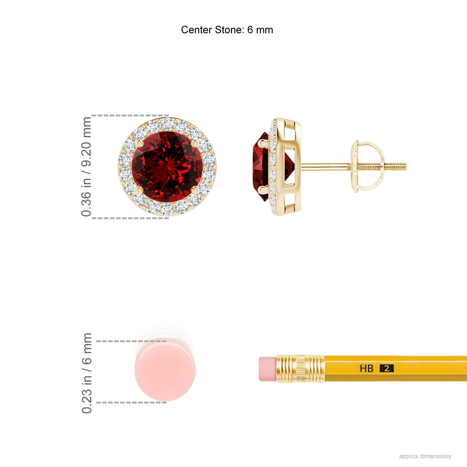 6mm Labgrown Lab-Grown Vintage-Inspired Round Ruby Halo Stud Earrings in Yellow Gold ruler
