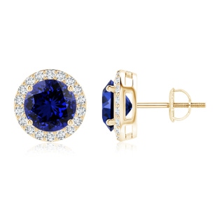 8mm Labgrown Lab-Grown Vintage-Inspired Round Blue Sapphire Halo Stud Earrings in 10K Yellow Gold