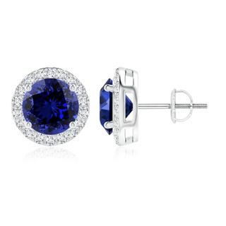 9mm Labgrown Lab-Grown Vintage-Inspired Round Blue Sapphire Halo Stud Earrings in White Gold