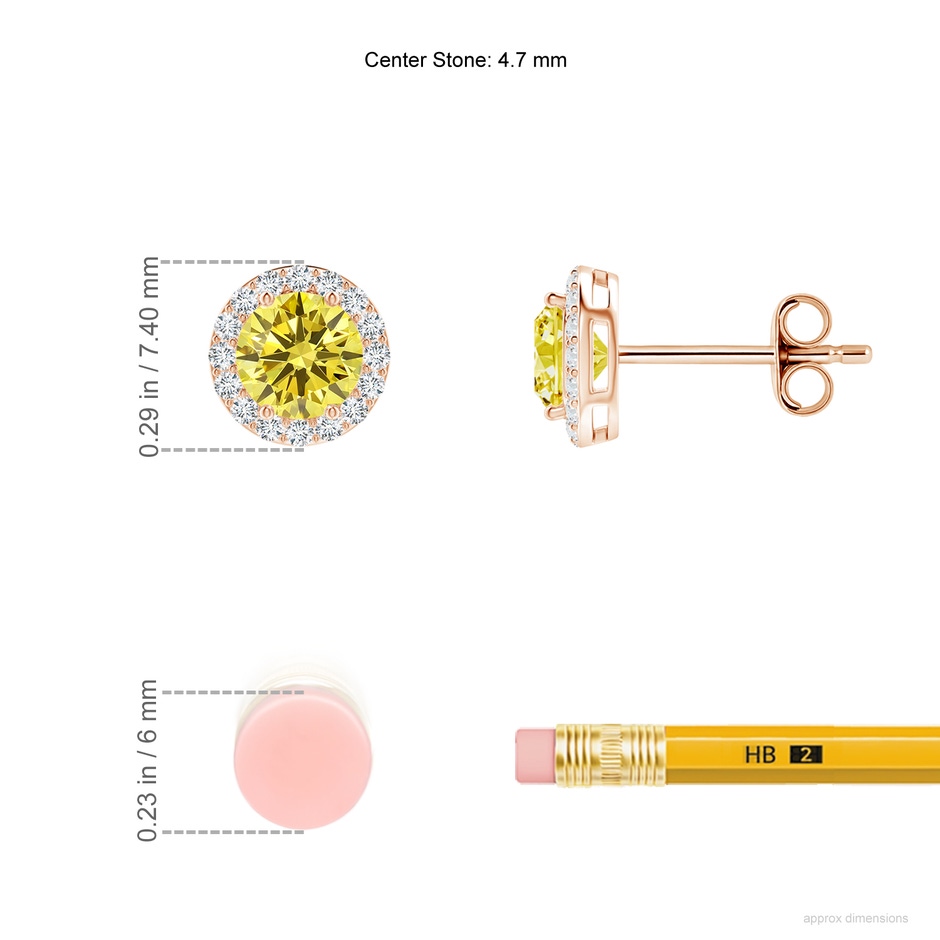 4.7mm Labgrown Vintage-Inspired Round Lab-Grown Fancy Intense Yellow Diamond Halo Stud Earrings in Rose Gold ruler