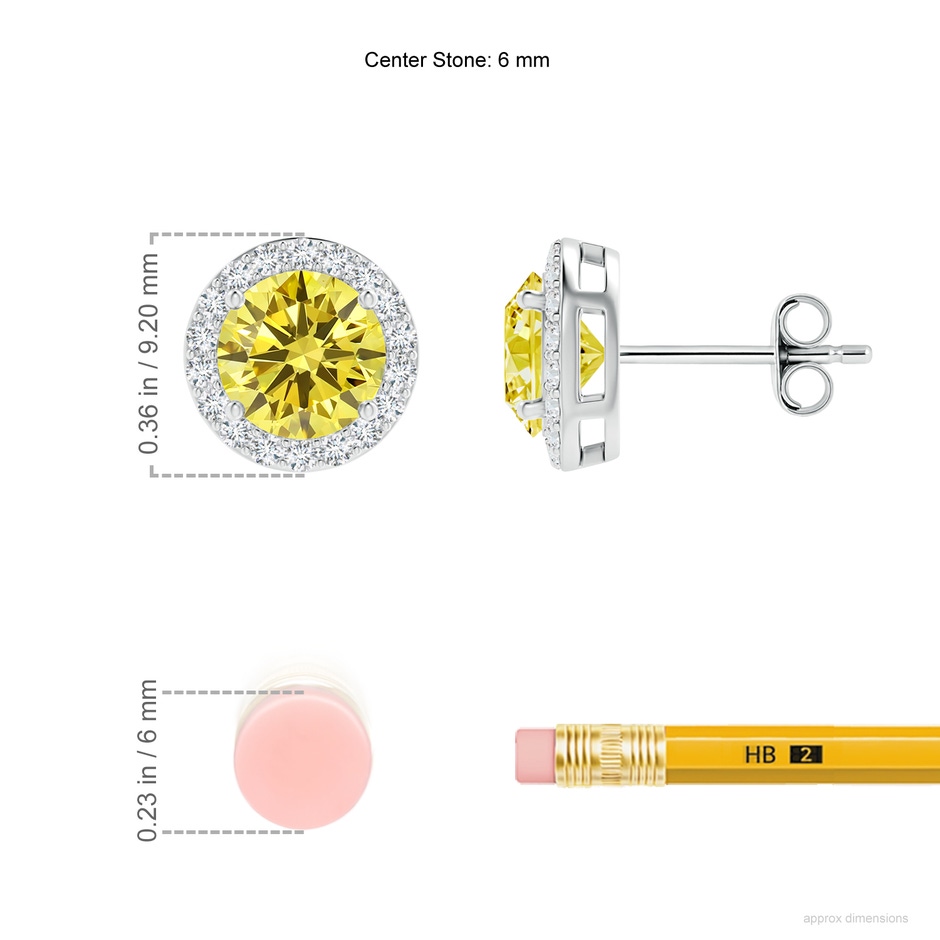 6mm Labgrown Vintage-Inspired Round Lab-Grown Fancy Intense Yellow Diamond Halo Stud Earrings in White Gold ruler