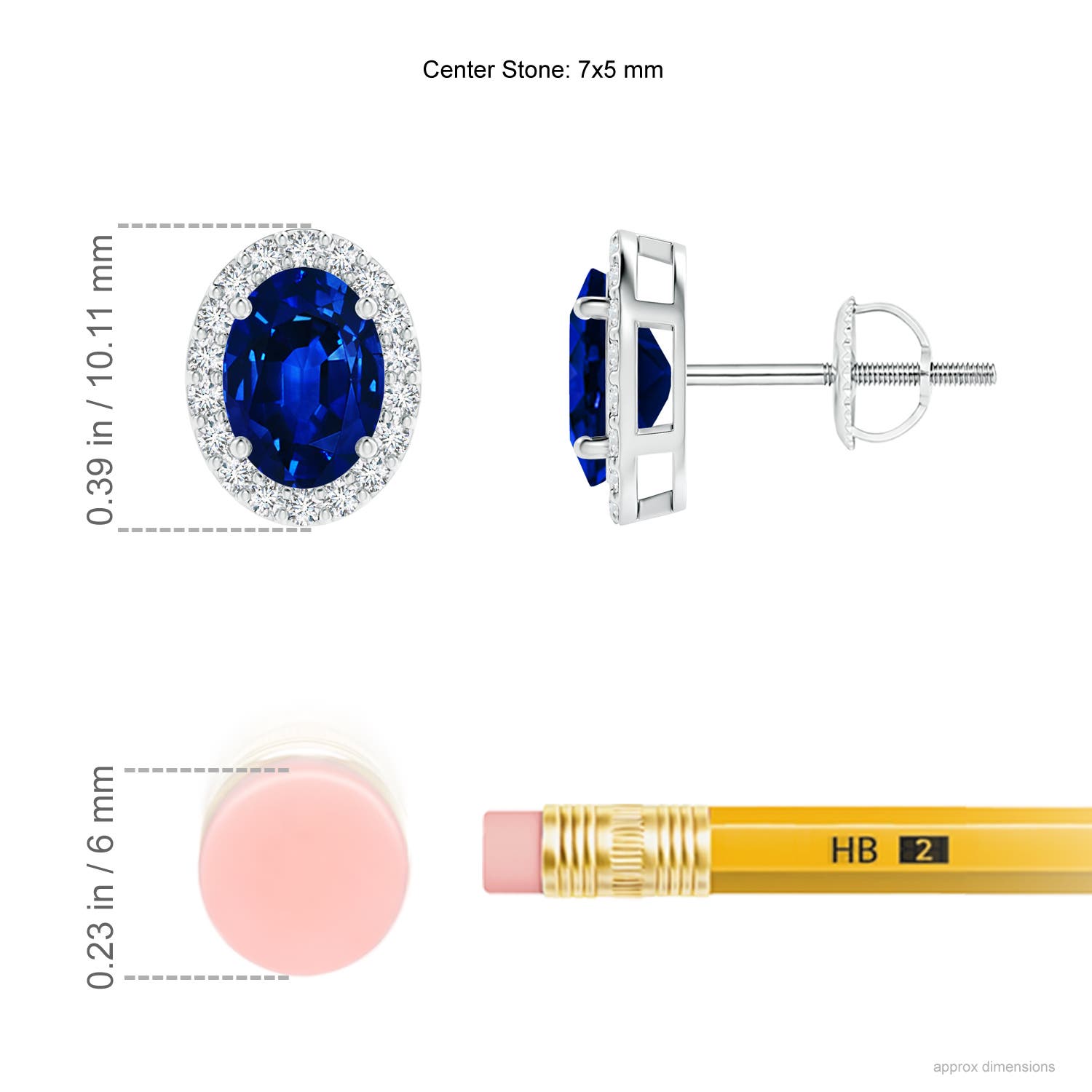 7x5mm Labgrown Lab-Grown Oval Blue Sapphire Stud Earrings with Diamond Halo in White Gold - ruler