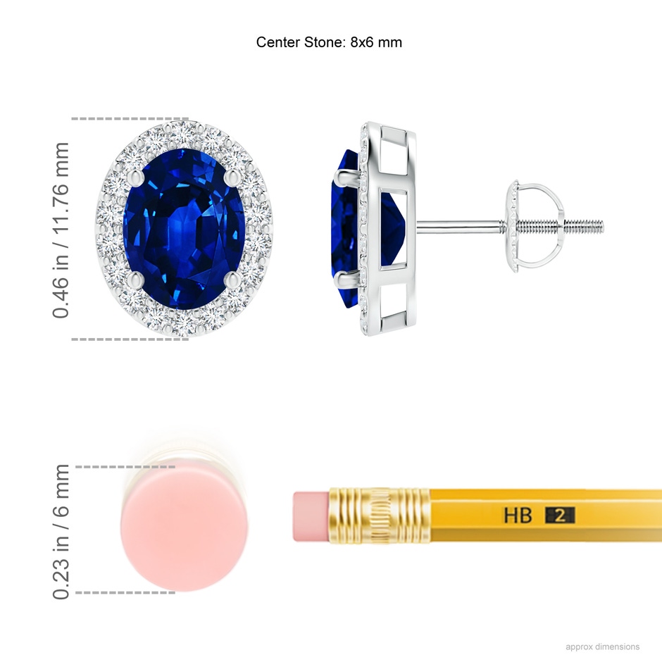 8x6mm Labgrown Lab-Grown Oval Blue Sapphire Stud Earrings with Diamond Halo in White Gold ruler