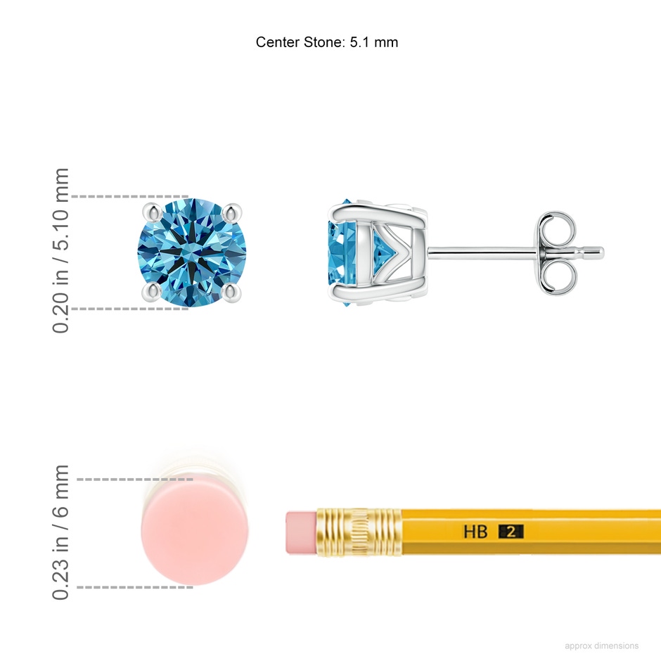 5.1mm Labgrown Vintage Style Round Lab-Grown Fancy Intense Blue Diamond Solitaire Stud Earrings in P950 Platinum ruler