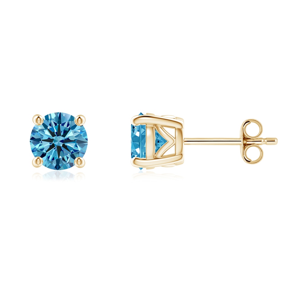 5.1mm Labgrown Vintage Style Round Lab-Grown Fancy Intense Blue Diamond Solitaire Stud Earrings in Yellow Gold