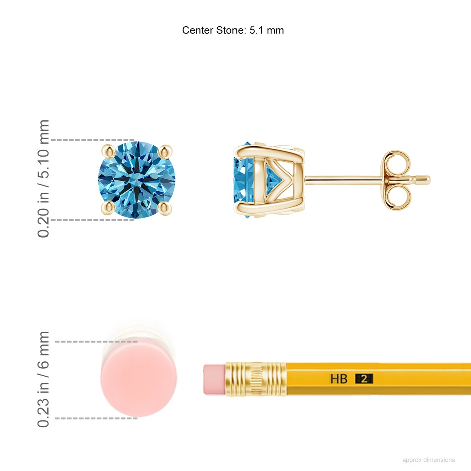 5.1mm Labgrown Vintage Style Round Lab-Grown Fancy Intense Blue Diamond Solitaire Stud Earrings in Yellow Gold ruler