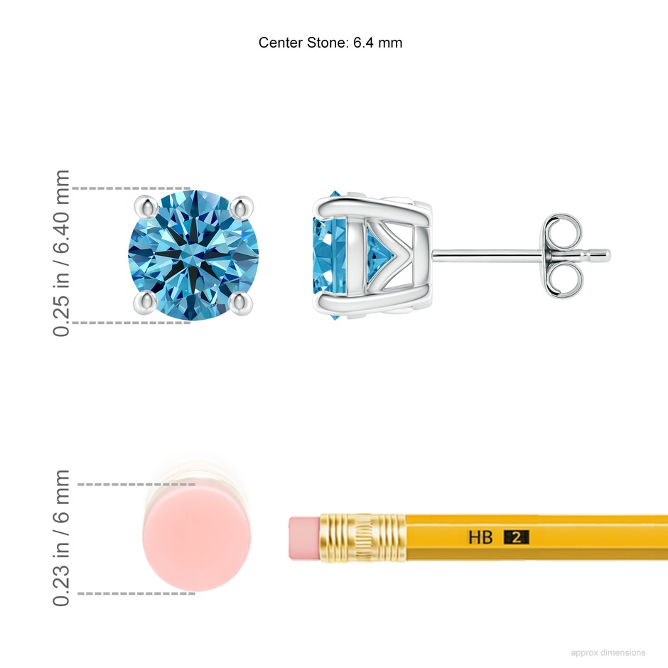 6.4mm Labgrown Vintage Style Round Lab-Grown Fancy Intense Blue Diamond Solitaire Stud Earrings in P950 Platinum ruler