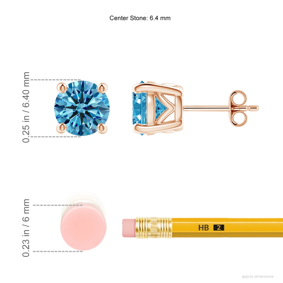 6.4mm Labgrown Vintage Style Round Lab-Grown Fancy Intense Blue Diamond Solitaire Stud Earrings in Rose Gold ruler