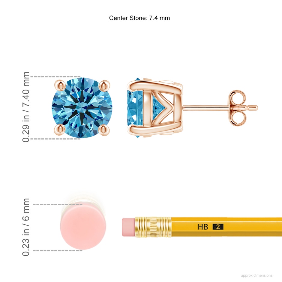 7.4mm Labgrown Vintage Style Round Lab-Grown Fancy Intense Blue Diamond Solitaire Stud Earrings in Rose Gold ruler