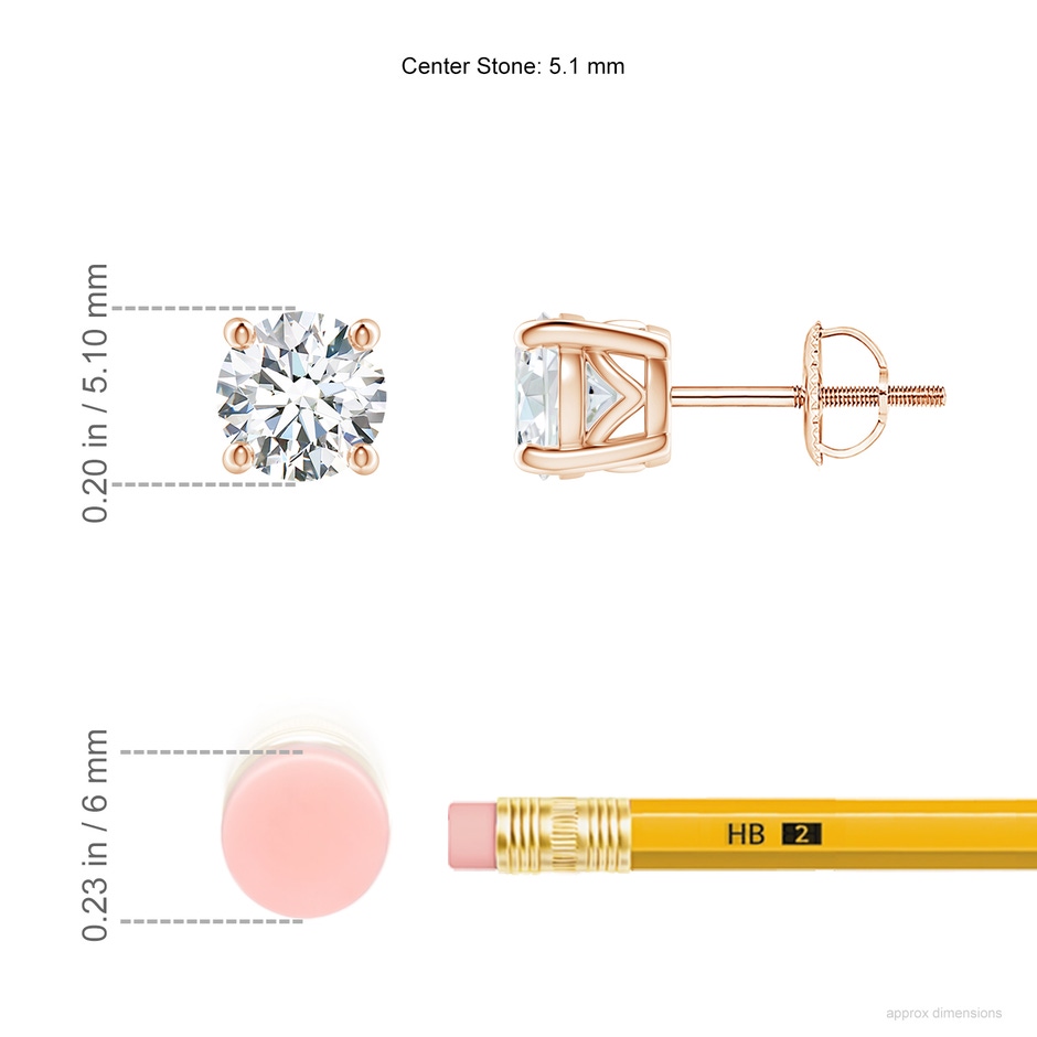 5.1mm FGVS Lab-Grown Vintage Style Round Diamond Solitaire Stud Earrings in Rose Gold ruler