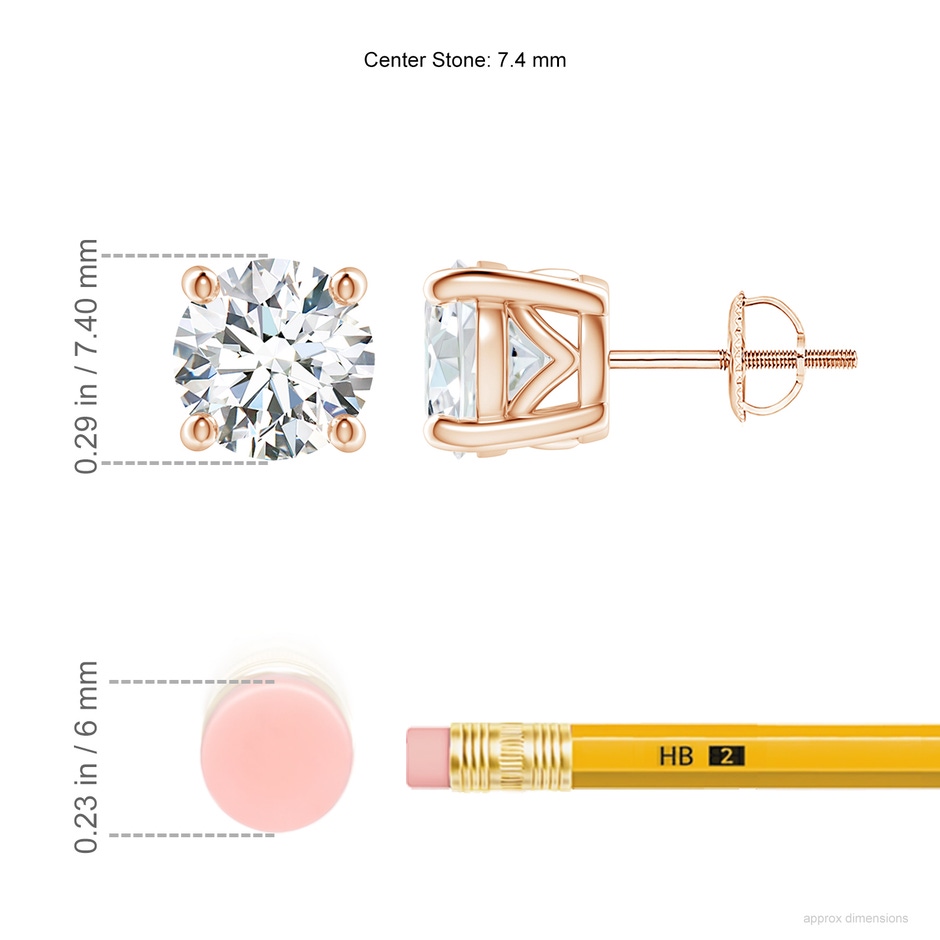 7.4mm FGVS Lab-Grown Vintage Style Round Diamond Solitaire Stud Earrings in Rose Gold ruler