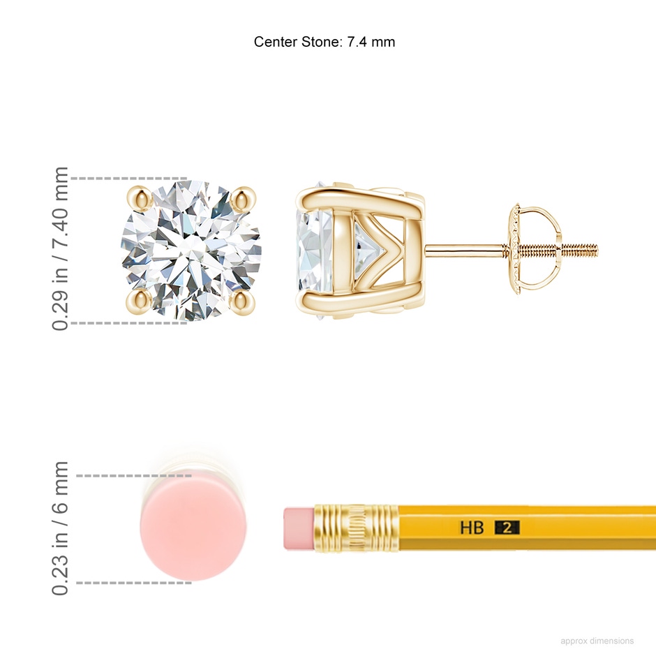 7.4mm FGVS Lab-Grown Vintage Style Round Diamond Solitaire Stud Earrings in Yellow Gold ruler