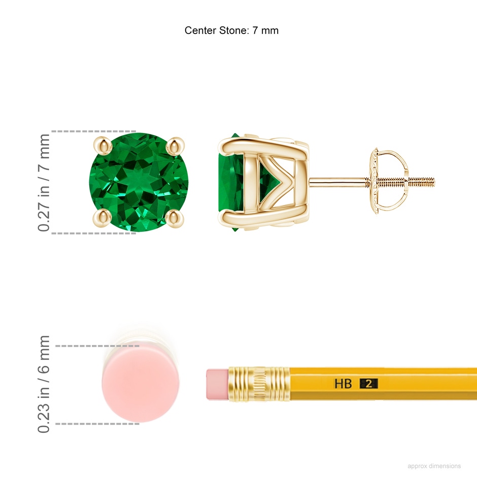 7mm Labgrown Lab-Grown Vintage Style Round Emerald Solitaire Stud Earrings in Yellow Gold ruler