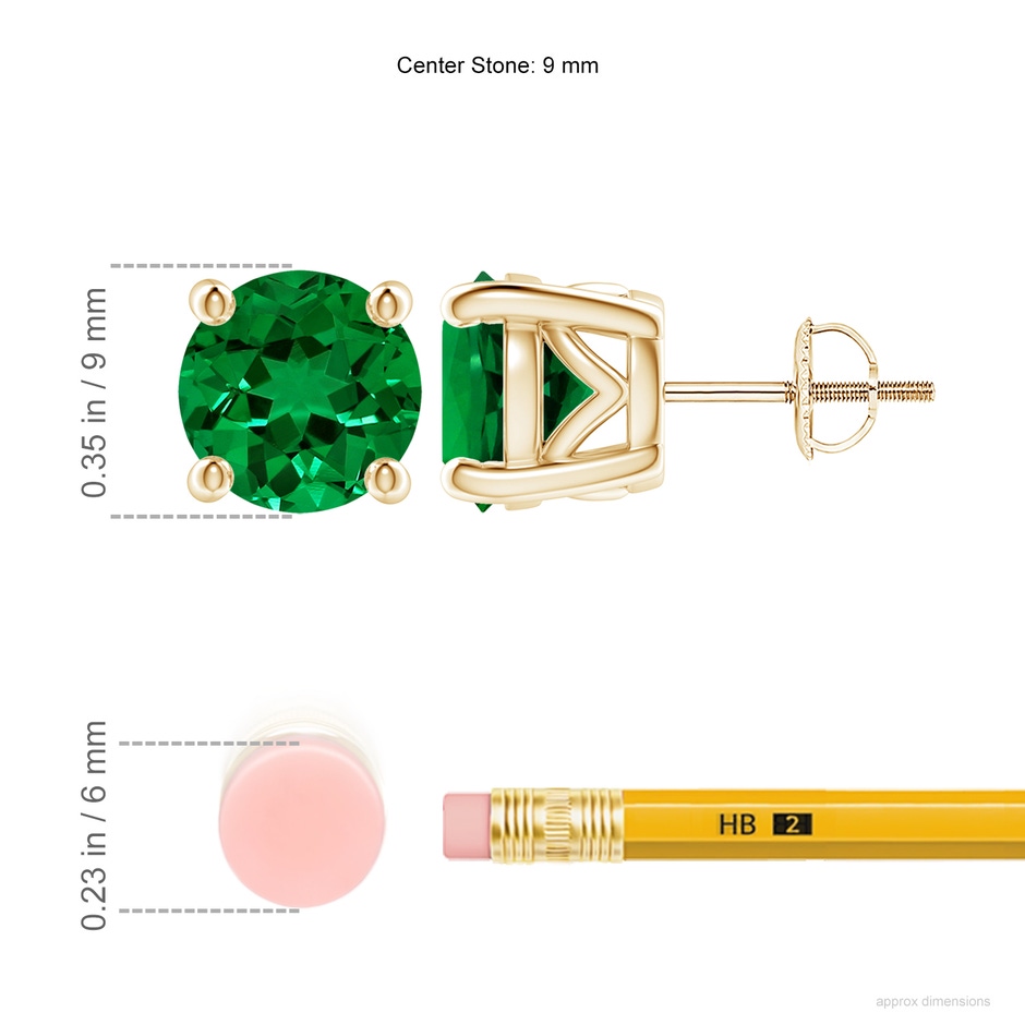 9mm Labgrown Lab-Grown Vintage Style Round Emerald Solitaire Stud Earrings in Yellow Gold ruler