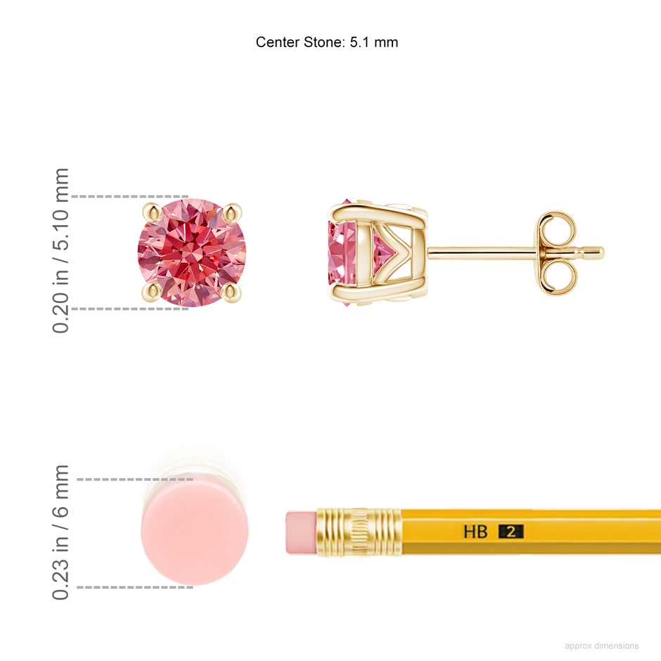 5.1mm Labgrown Vintage Style Round Lab-Grown Fancy Intense Pink Diamond Solitaire Stud Earrings in 18K Yellow Gold ruler