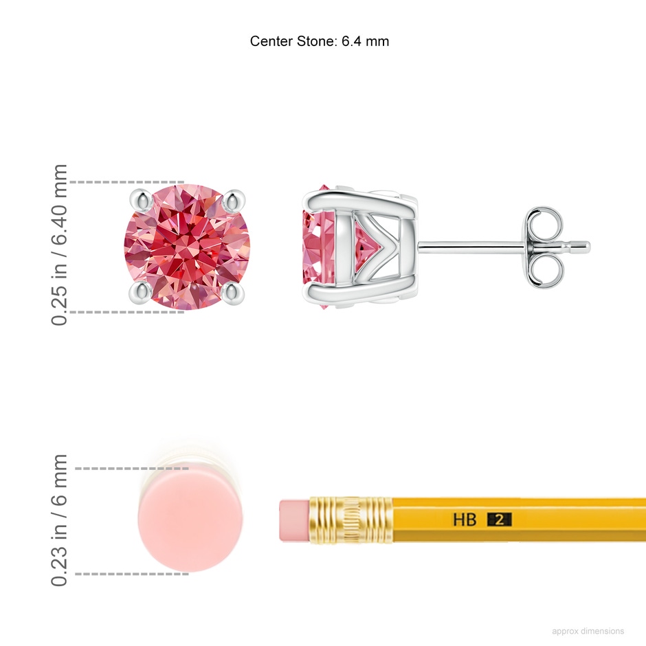 6.4mm Labgrown Vintage Style Round Lab-Grown Fancy Intense Pink Diamond Solitaire Stud Earrings in White Gold ruler