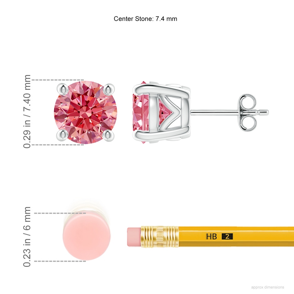 7.4mm Labgrown Vintage Style Round Lab-Grown Fancy Intense Pink Diamond Solitaire Stud Earrings in White Gold ruler