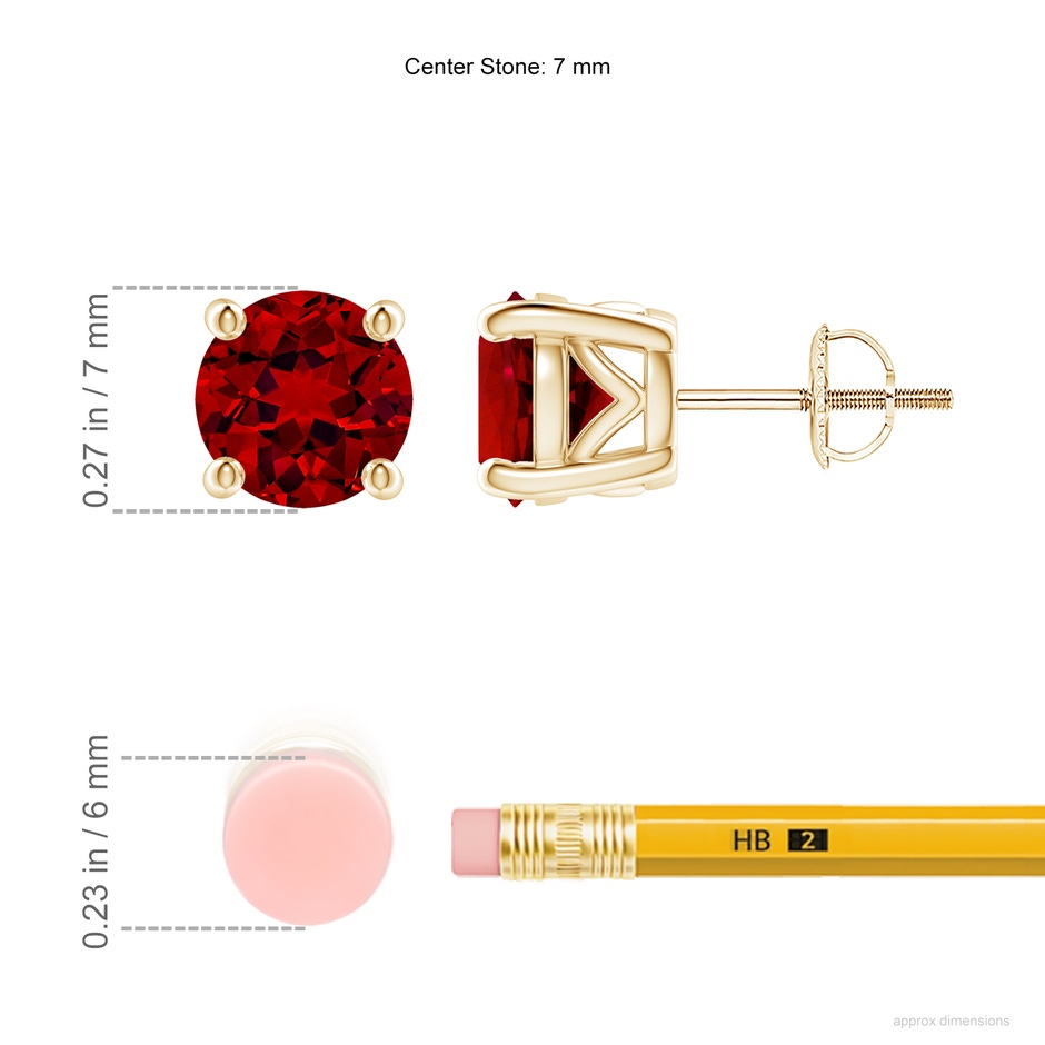 7mm Labgrown Lab-Grown Vintage Style Round Ruby Solitaire Stud Earrings in Yellow Gold ruler