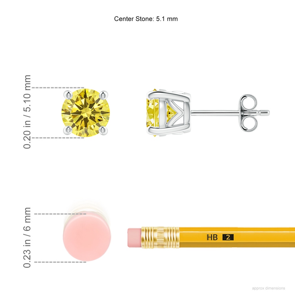 5.1mm Labgrown Vintage Style Round Lab-Grown Fancy Intense Yellow Diamond Solitaire Stud Earrings in P950 Platinum ruler
