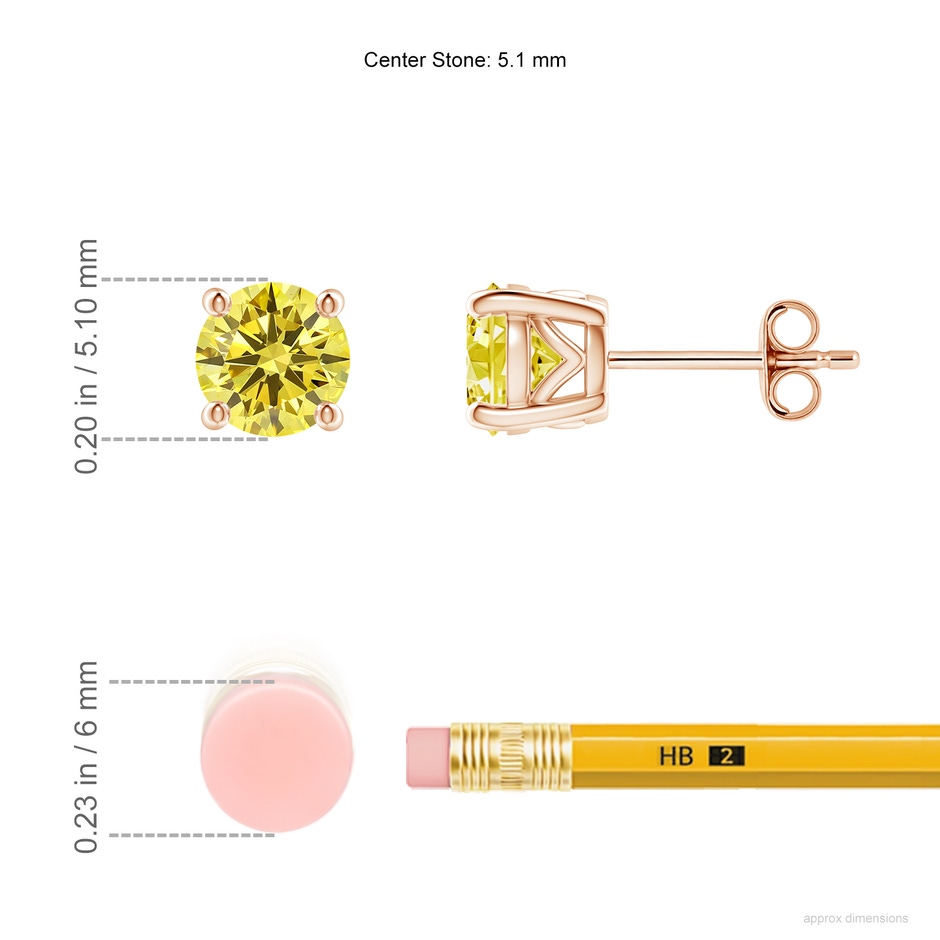 5.1mm Labgrown Vintage Style Round Lab-Grown Fancy Intense Yellow Diamond Solitaire Stud Earrings in Rose Gold ruler