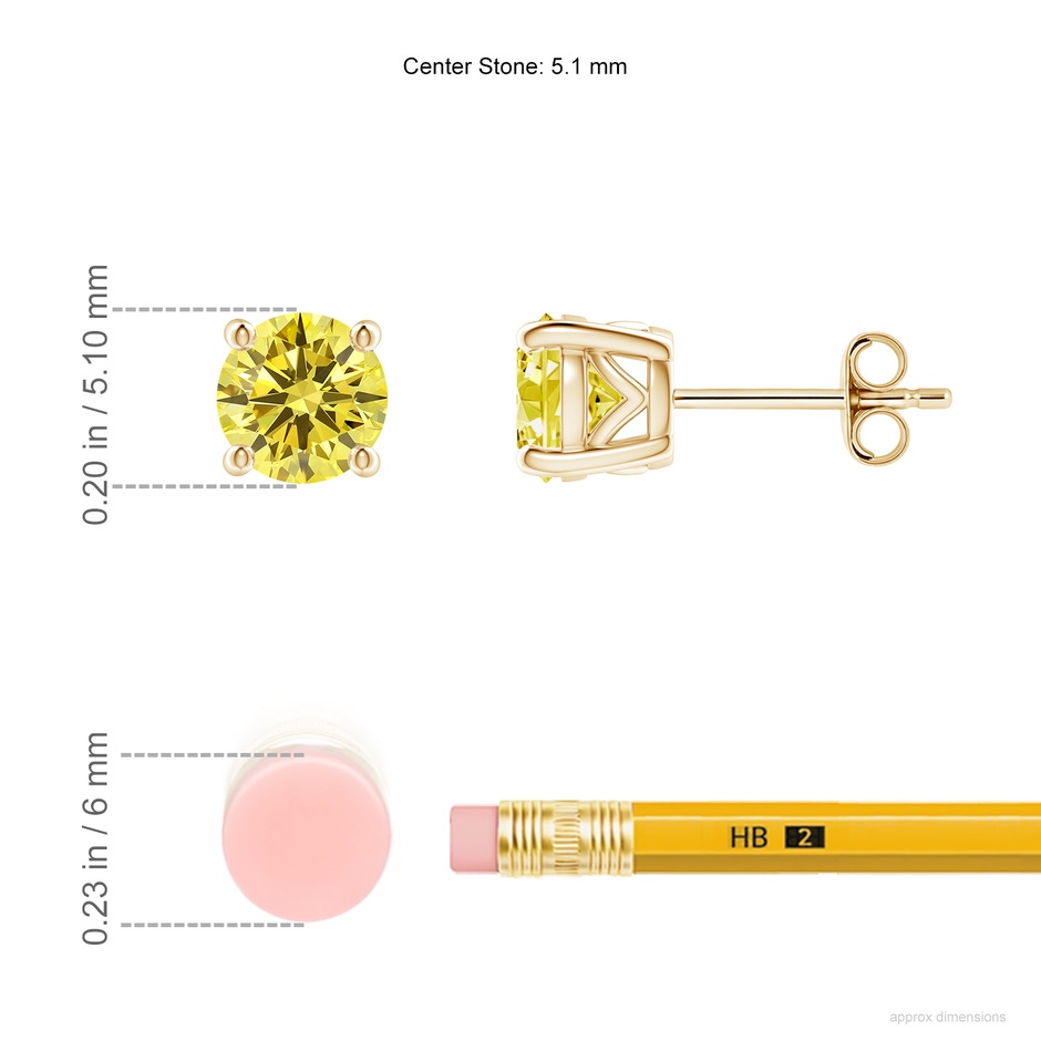 5.1mm Labgrown Vintage Style Round Lab-Grown Fancy Intense Yellow Diamond Solitaire Stud Earrings in Yellow Gold ruler