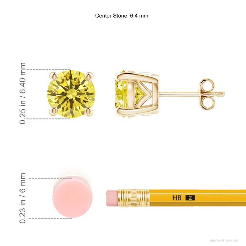 6.4mm Labgrown Vintage Style Round Lab-Grown Fancy Intense Yellow Diamond Solitaire Stud Earrings in Yellow Gold ruler