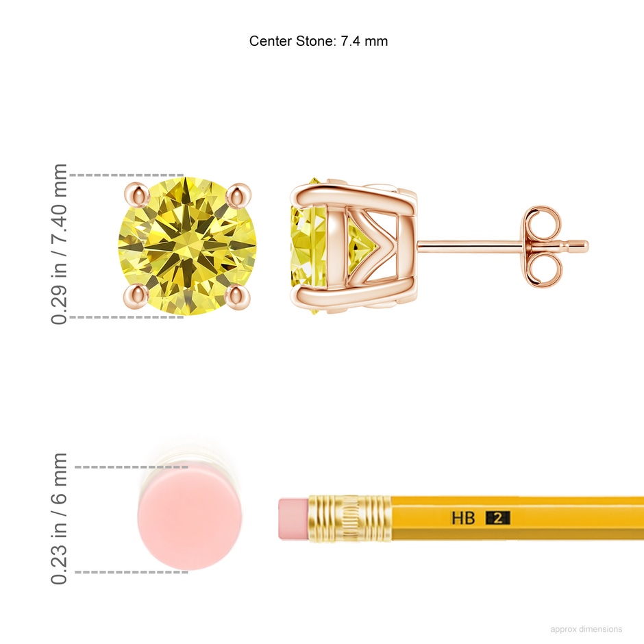 7.4mm Labgrown Vintage Style Round Lab-Grown Fancy Intense Yellow Diamond Solitaire Stud Earrings in Rose Gold ruler