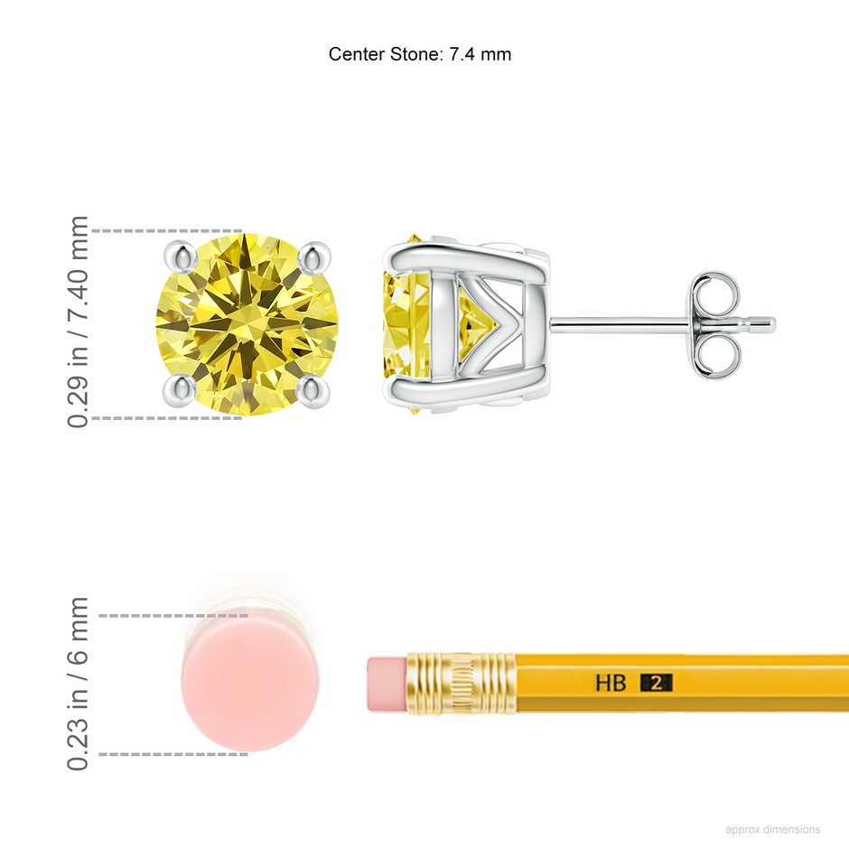 7.4mm Labgrown Vintage Style Round Lab-Grown Fancy Intense Yellow Diamond Solitaire Stud Earrings in White Gold ruler