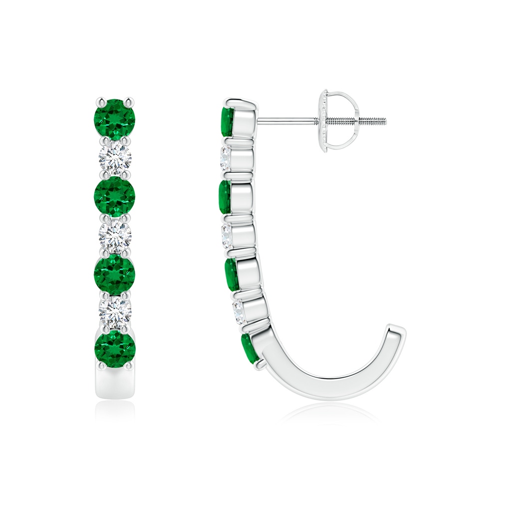 3mm Labgrown Lab-Grown Emerald and Diamond J-Hoop Earrings in 18K White Gold