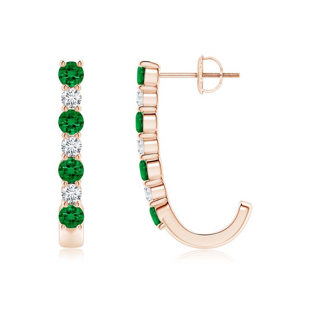 3mm Labgrown Lab-Grown Emerald and Diamond J-Hoop Earrings in Rose Gold