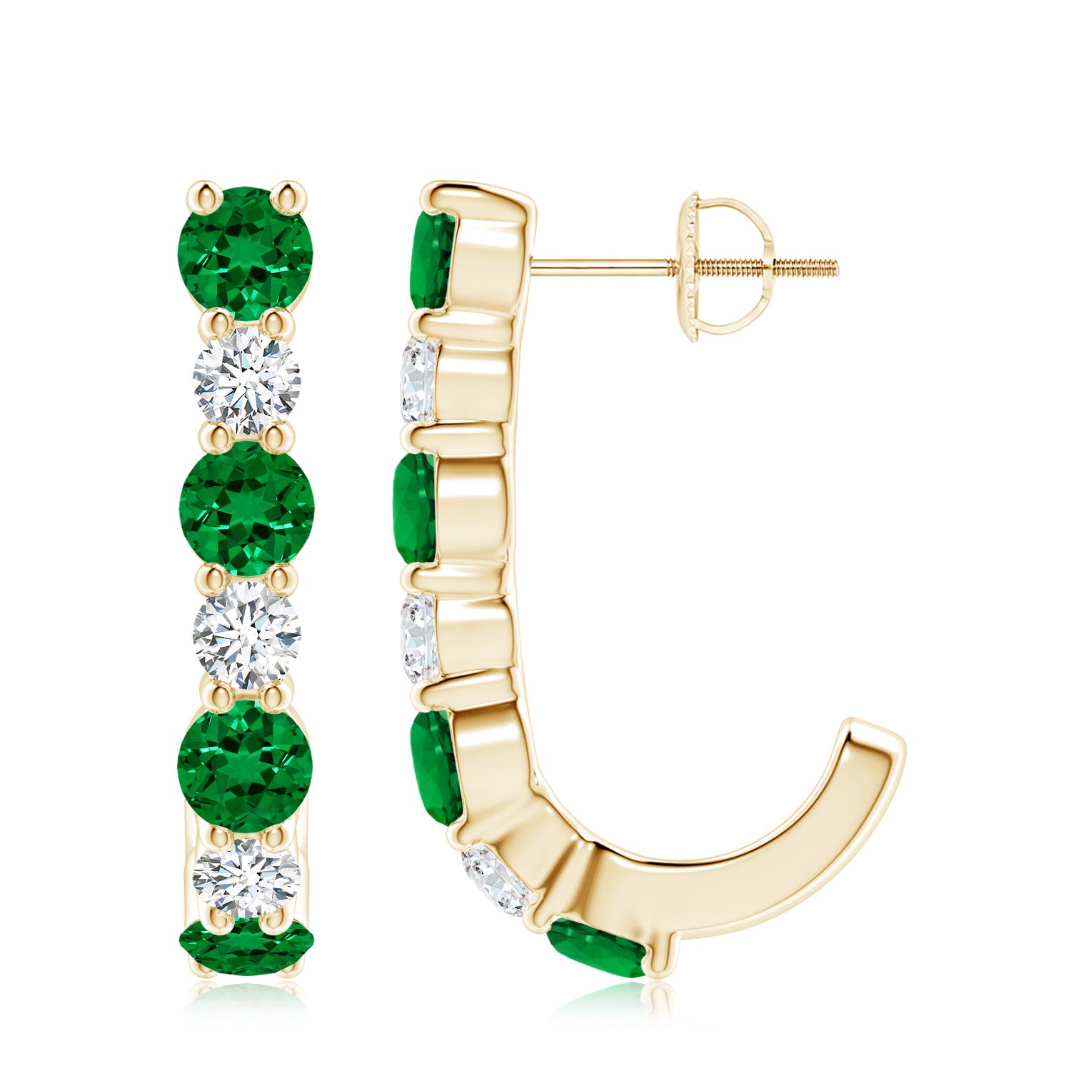 4mm Labgrown Lab-Grown Emerald and Diamond J-Hoop Earrings in Yellow Gold