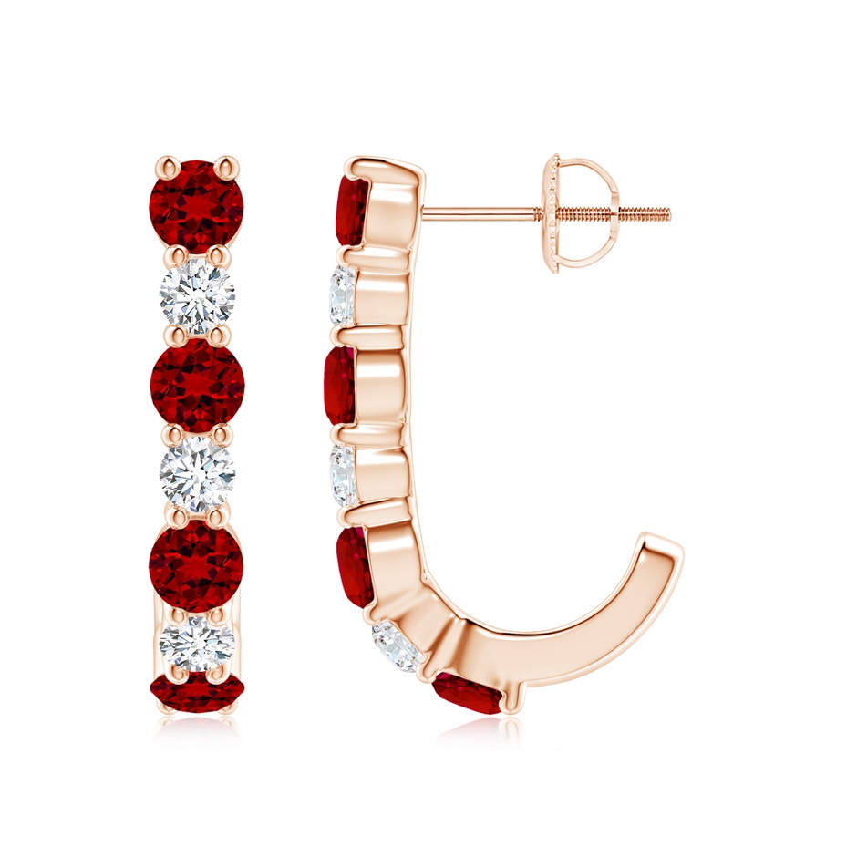 3.5mm Labgrown Lab-Grown Ruby and Diamond J-Hoop Earrings in Rose Gold 