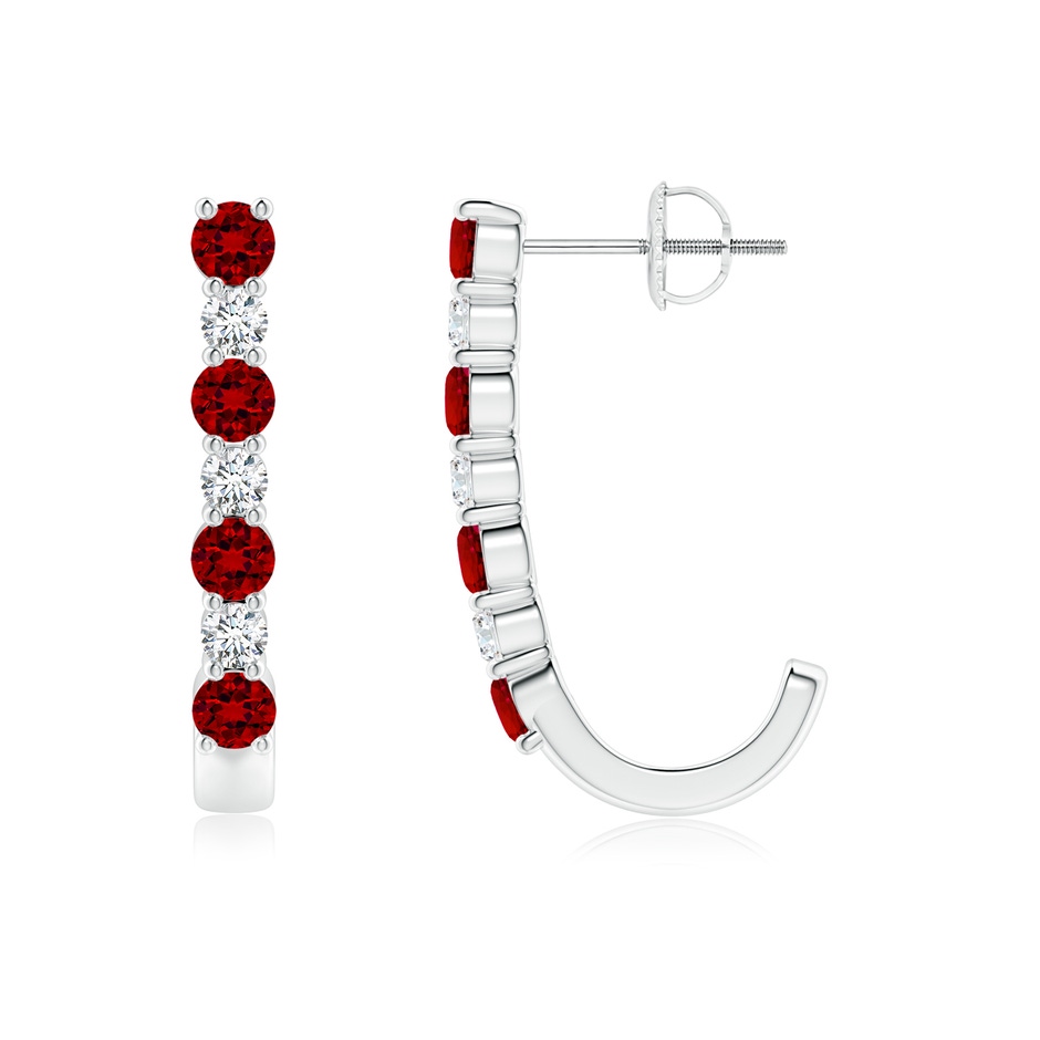 3mm Labgrown Lab-Grown Ruby and Diamond J-Hoop Earrings in 18K White Gold 