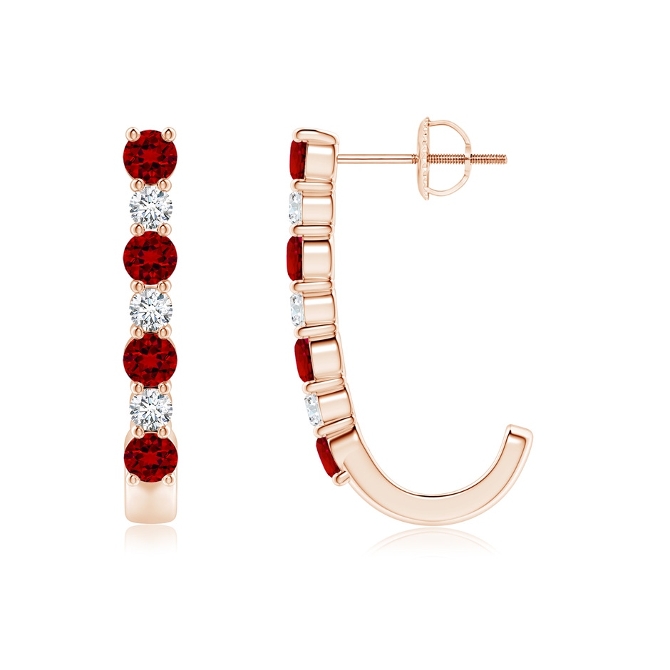3mm Labgrown Lab-Grown Ruby and Diamond J-Hoop Earrings in Rose Gold 