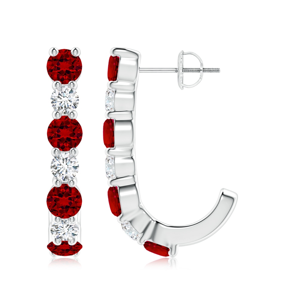 4mm Labgrown Lab-Grown Ruby and Diamond J-Hoop Earrings in 18K White Gold 
